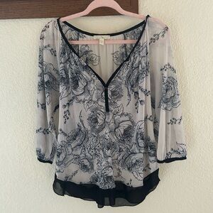 Weston Wear Floral Nylon Mesh Top Size Small 3/4 Sleeves Sheer Tattoo Style